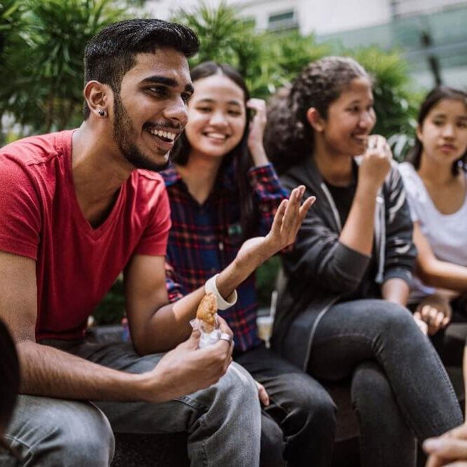 International students talking and joking